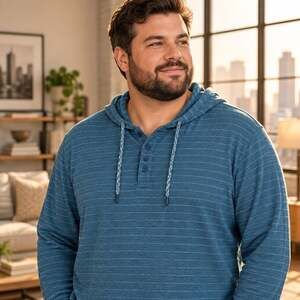 Monument Henley Hoodie Size 4X Blue Striped Thermal Cotton Blend